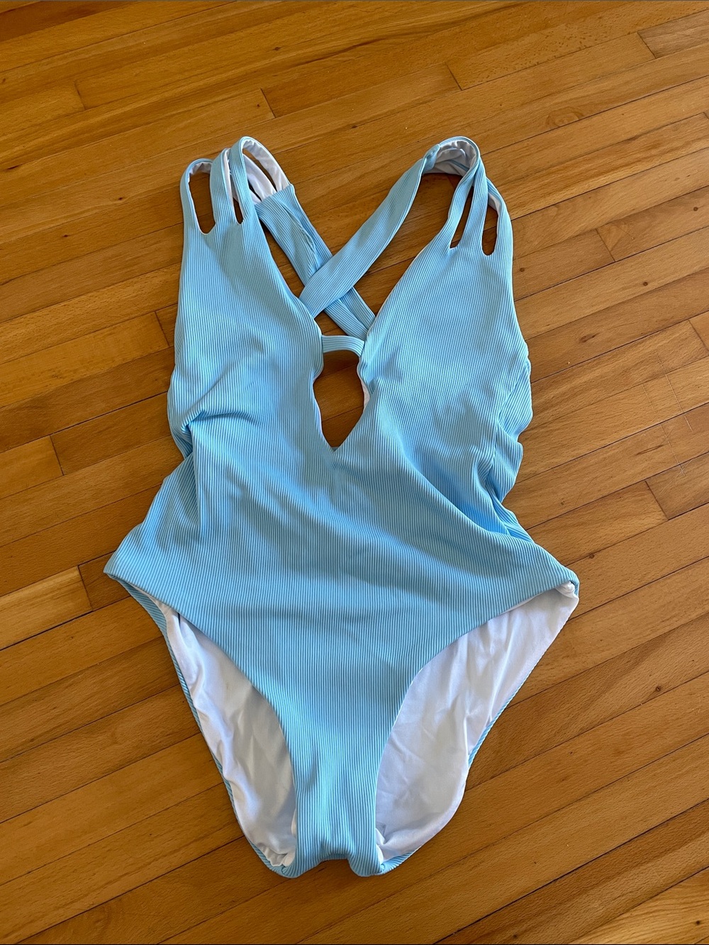 BECCA Light Blue Ribbed One-Piece Swimsuit with Crisscross Back